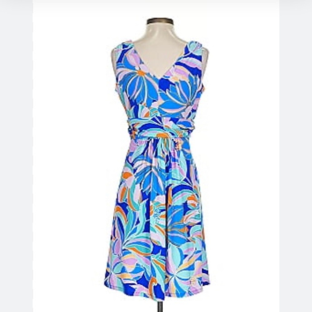 Pappagallo Tropical Floral Jersey Wrap V Neck A-Line  Dress Swim Cover Up L